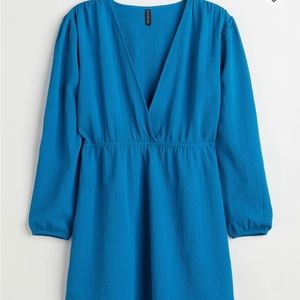 Blue dress, deep neckline, long sleeve, new with tag